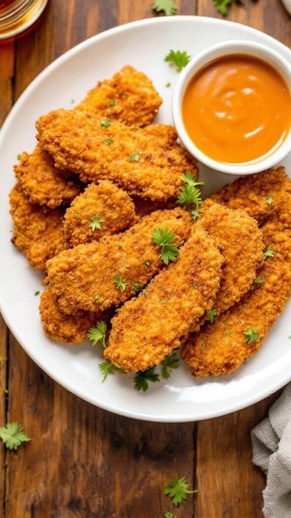 Crispy keto chicken tenders served with dipping sauce on a rustic table.